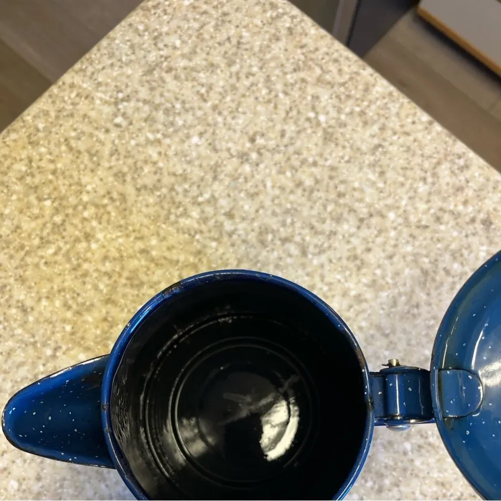 Vintage Blue Speckled Enamel Coffee Pot.